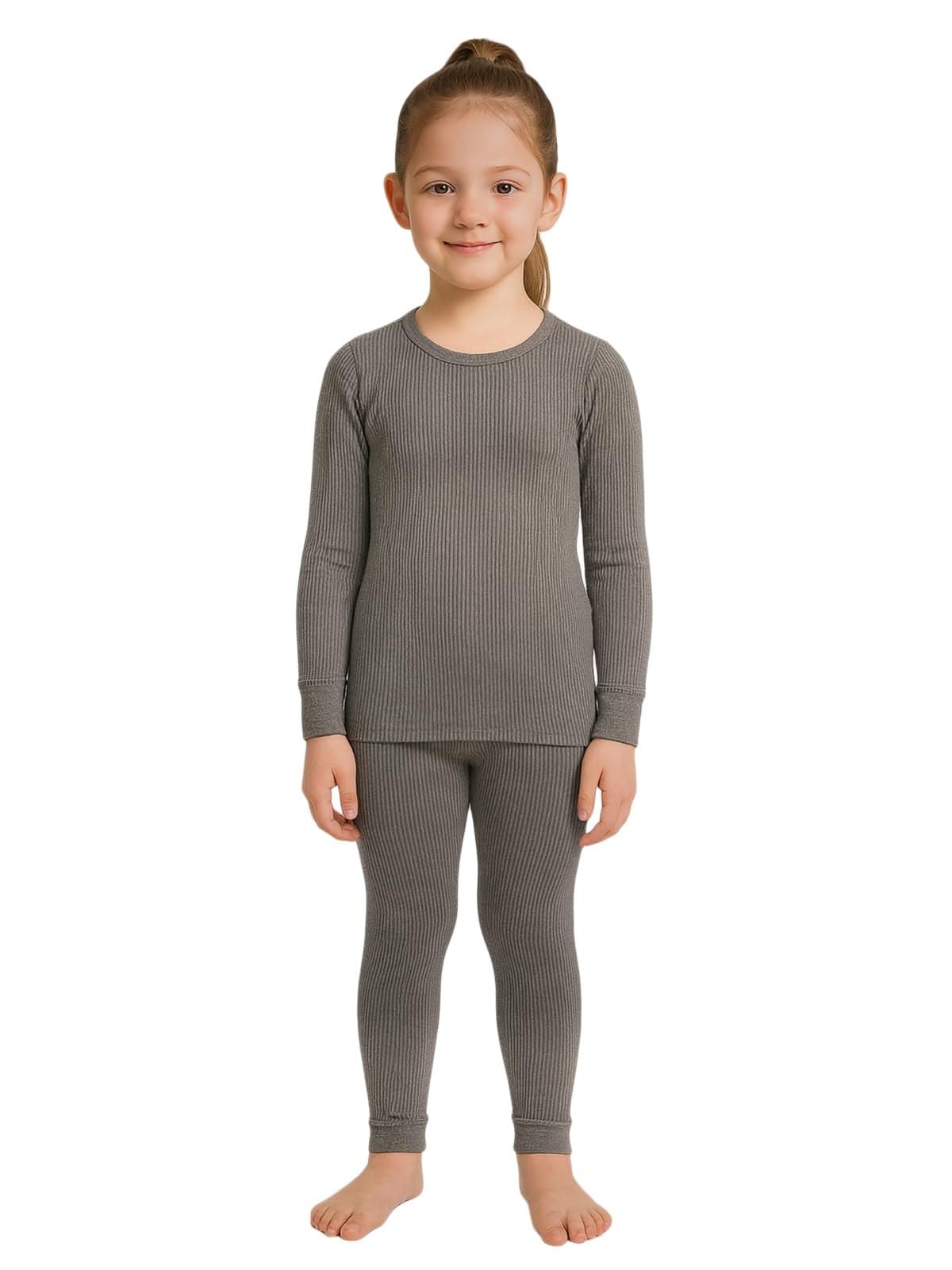 Lux Cozi HEATEK Girl's Round Neck Full Sleeves Thermal Set_HEATEK_333_Girls_FSO_TRO_CM_45_Set Charcoal Melange