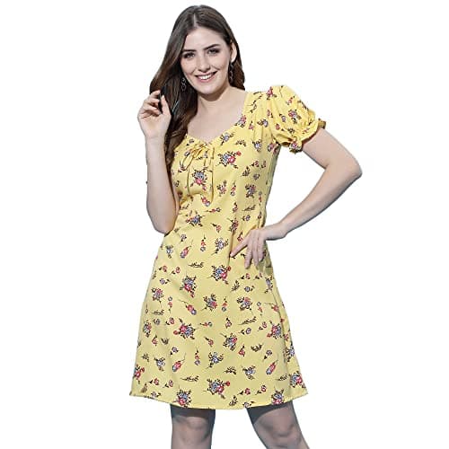 OOMPH! Women's Mini/Short A-Line Yellow Dress in Crepe Fabric with Sweetheart Neck and Puff Sleeves - Md493M