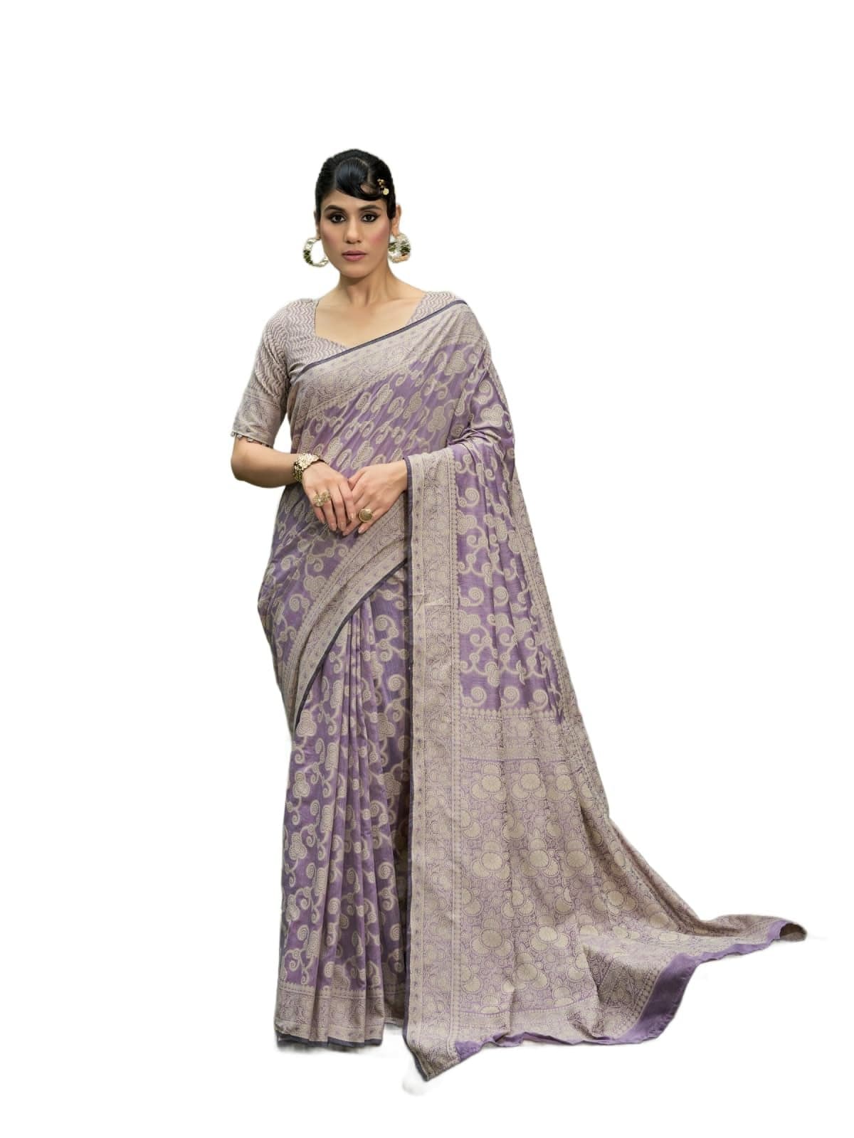 SWORNOF Women's Lucknowi Chikankari Linen cotton Woven Sarees For Women with Blouse sarees for Women (LAVANDER)