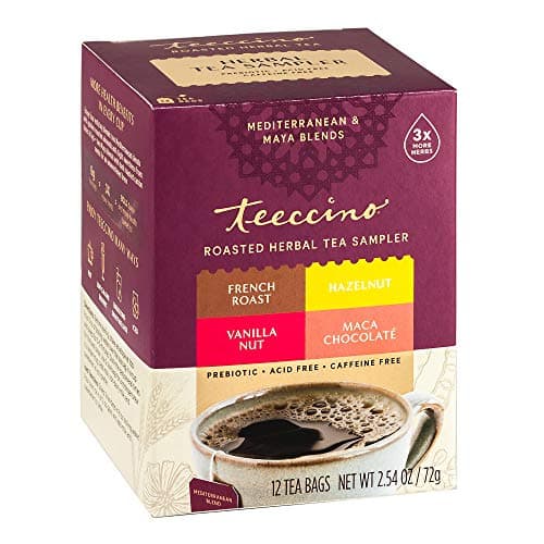 Teeccino Herbal Tea Sampler Assortment - 12 Tea Bags - Maca Chocolaté, French Roast, Hazelnut, Vanilla Nut - Roasted Caffeine Free Herbal Tea, Prebiotic for Natural Energy