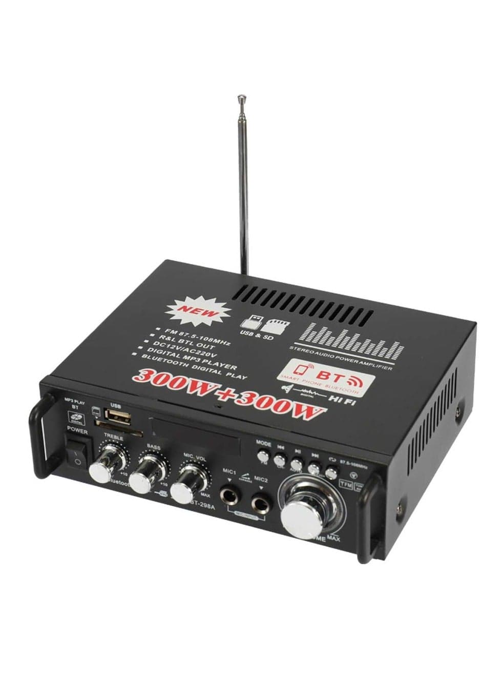 12V/220V Mini BT LCD Display HIFI Audio Stereo Power Amplifier Portable Car Home FM Radio Audio Amplifier (Black)