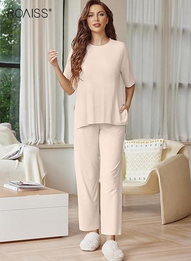 Women 2PCS Summer Outfit, Soft Loungewear Set with Short Sleeve T shirt and Elastic Waist Pants, Skin-friendly Cooling Top and Wide Leg Pants Set for Ladies, Perfect for Daily Wear, Sleeping or Lounging Around Your House