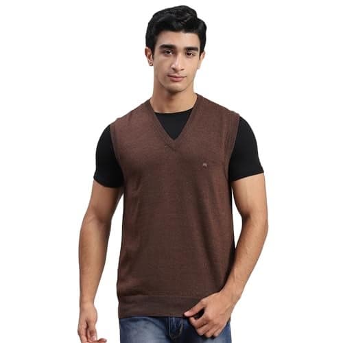 Monte Carlo Mens Solid Brown V Neck Sleeveless Sweater | Warm Woolen Pullover for Men | Soft Comfortable Knitted Winter Wear Sweater for Men's