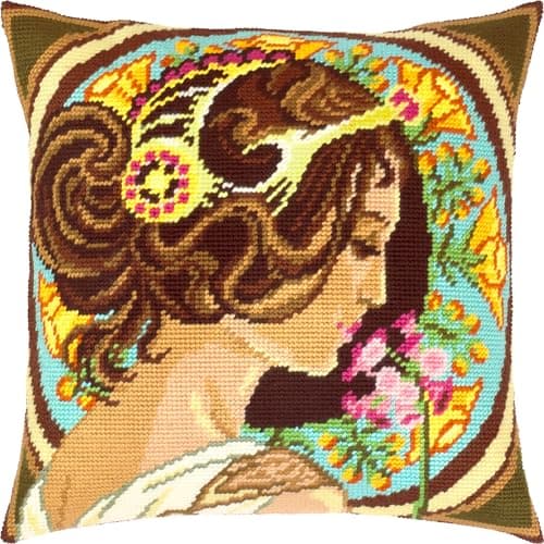 Brvsk Art Noveau Embroidery Kit for Adults and Beginners Primrose by Alphonse Mucha 1616 with Clear Precise Printed Design on Cotton Canvas Includes 2 Needles Yarn and EasyRead Chart