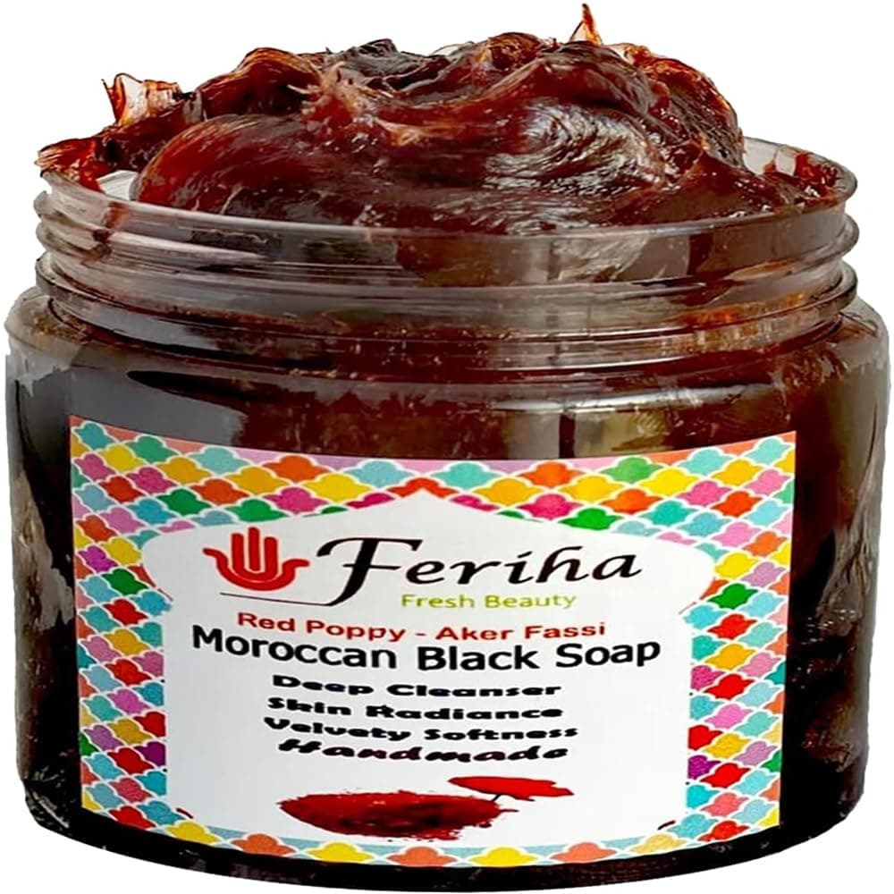 FERIHA Moroccan Black Soap with Aker Fassi Red Poppy Petals Pomegranate Shell 100 Natural Artisan Beldi Hammam Soap for Radiance Skin Firming Deep Cleansing Sourced Crafted in Morocco