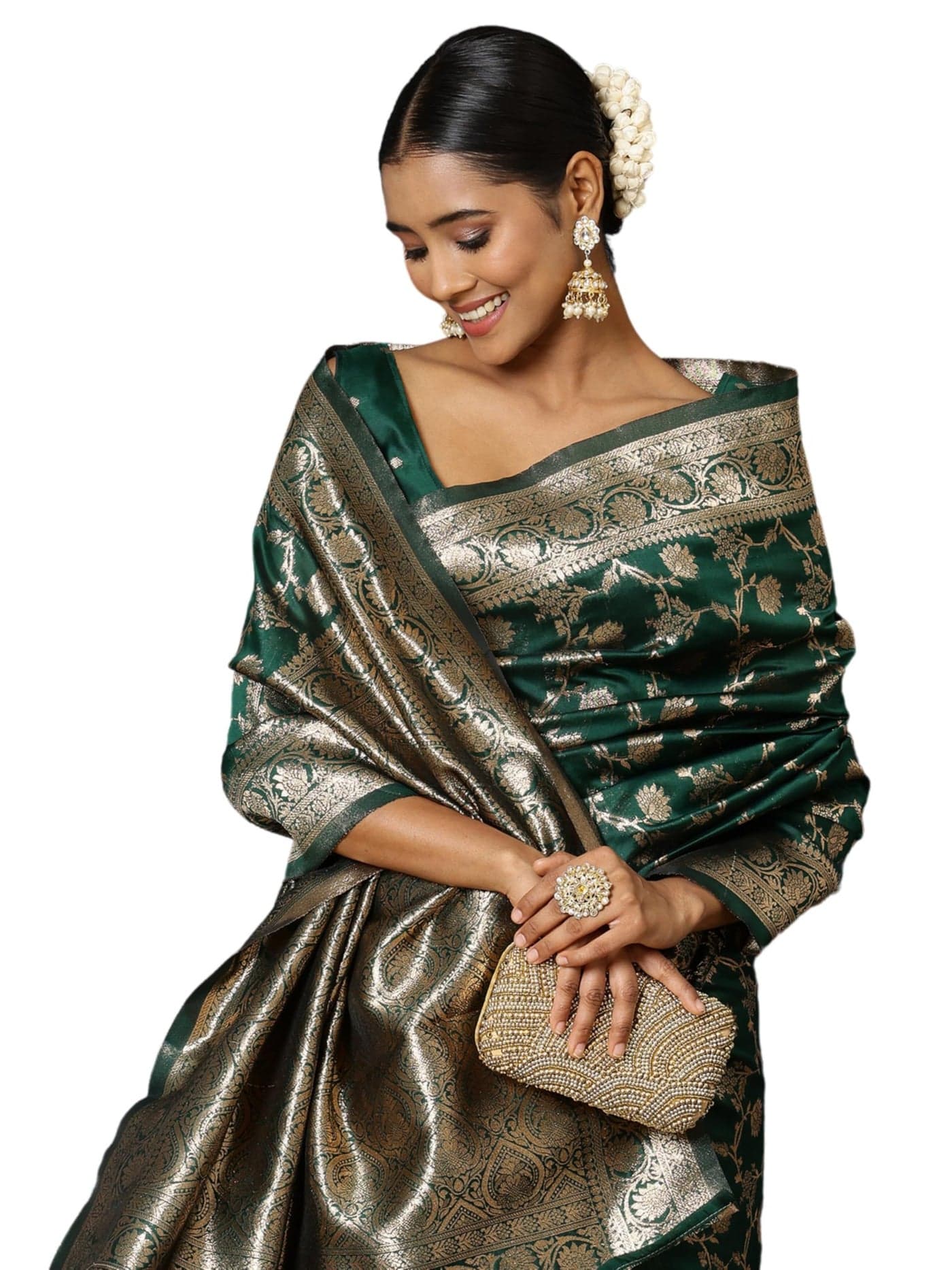 EthnicJunction Women's Bottle Green Banarasi Silk Blend Woven Saree With Blouse Piece | Wedding Saree