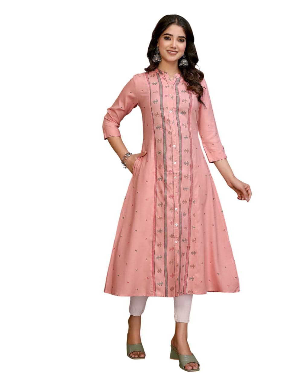 rangita Pink Rayon Calf Length Printed A-Line Kurti | Kurta for Women_L