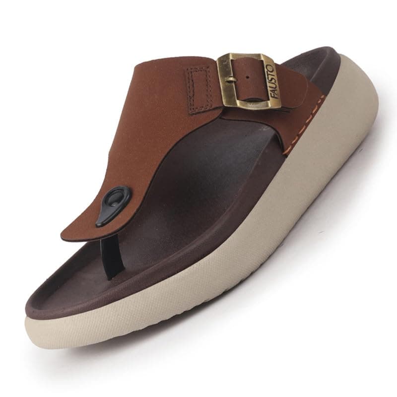 FAUSTO FST FOSMS-2189 TAN-43 Men Tan Buckle Adjustable T-Strap Side Stitched Summer Waterproof Slip On Sandals|Comfort Featherlite Insole|Thong Slipper for Monsoon Rainy Season (9 UK)