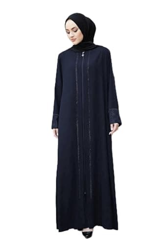 istanbul styles Women's Abaya Lace Applique Long Sleeve Floor Length Zipper Floor Length Turkey Islamic Fashion (navy bule, S)
