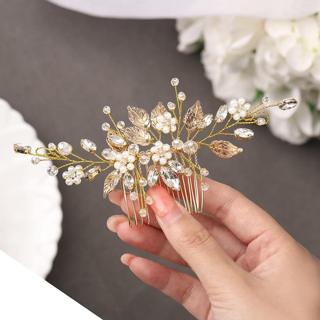 Gorais Leaf Bride Wedding Hair Comb Pearl Bridal Hair Piece Crystal Side Comb Hair Accessories for Women and Girls BGold