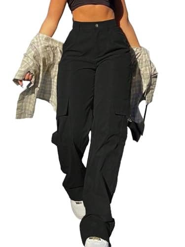 SDNGED Black Cargo Pants for Women High Waisted Baggy Wide Leg Stretchy Y2K Streetwear Womens Cargo Pants with Pockets