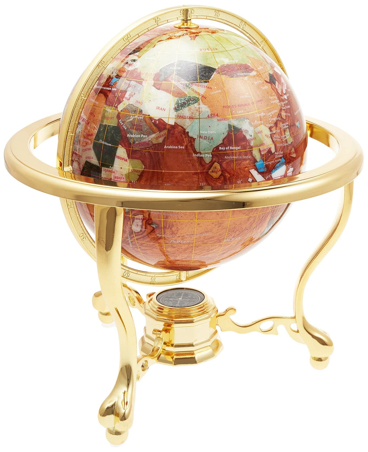 Unique Art 13Inch Tall Table Top Amberllite Pearl Gold Stand Gemstone World Globe with Gold Tripod Stand