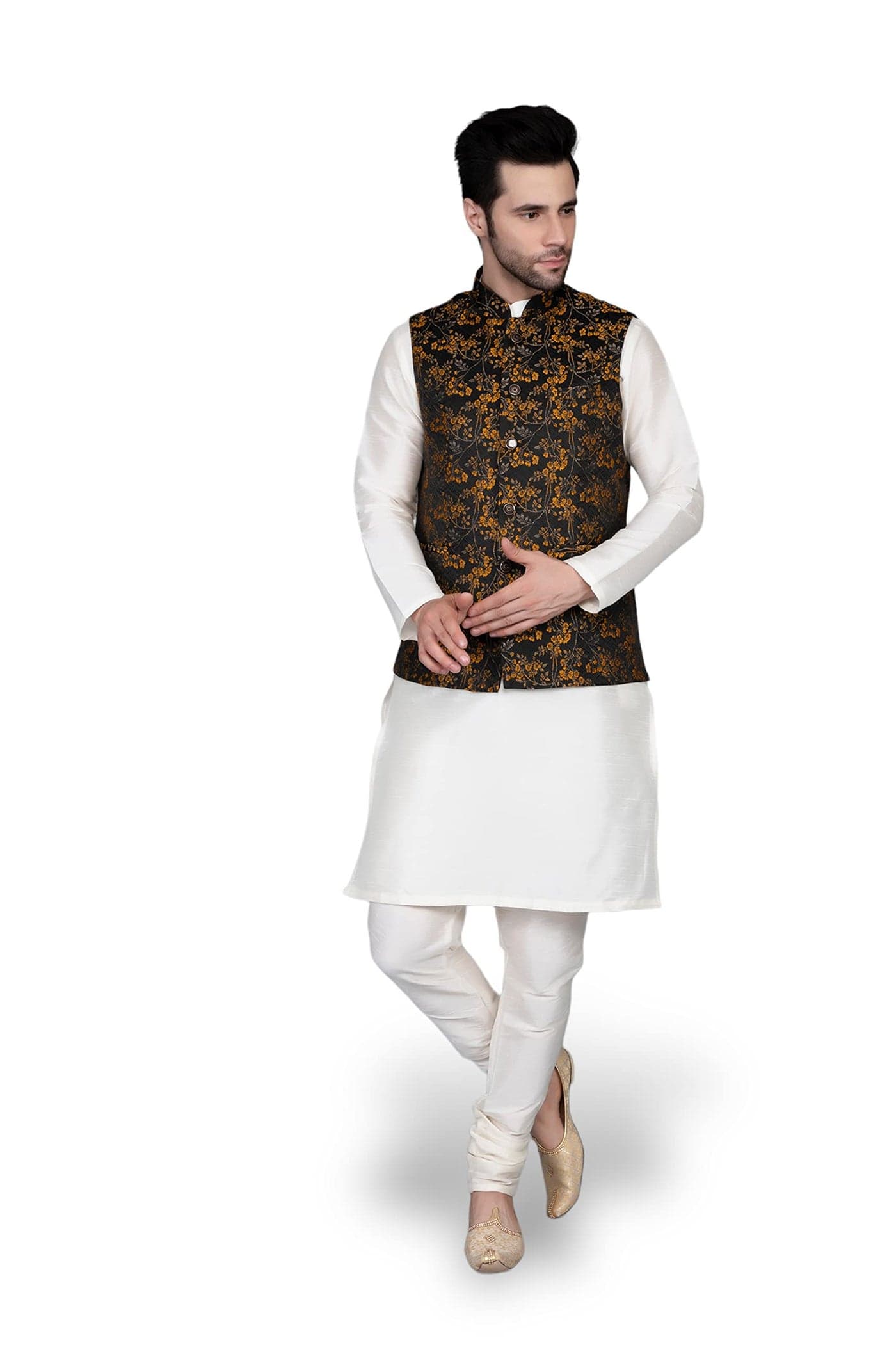 Ethluxis Men's Silk Blend Kurta Churidar Pyjama with Ethnic Bundi Jacket Set (44, Off-White/Yellow)
