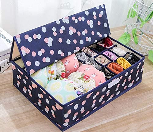 Unyks Star PREMIUM 16+1 Multi Compartment Cell Foldable Storage Box/Closet Organizer/Non-Smell Drawer Organizer, Underwear Closet Storage for Socks, Bra, Panty, Tie, Scarf, etc - Navy Blue Flower
