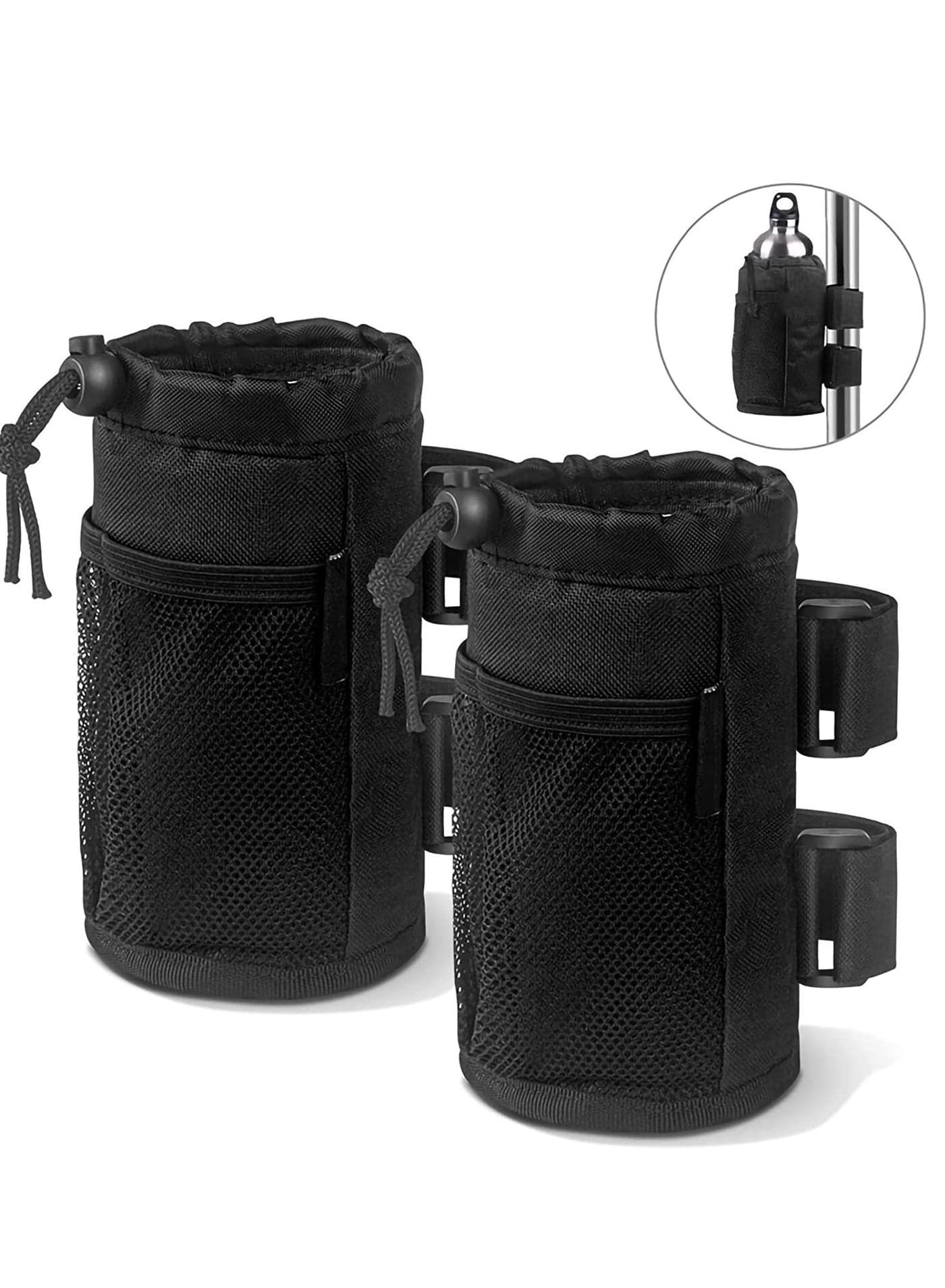 Bike Cup Holder 2 Pack Water Bottle Bicycle Handlebar Drink with Mesh Pockets Phone Bag for Cruiser, Mountain Bike, Scooter, Folding, Road Wheelchair, Black