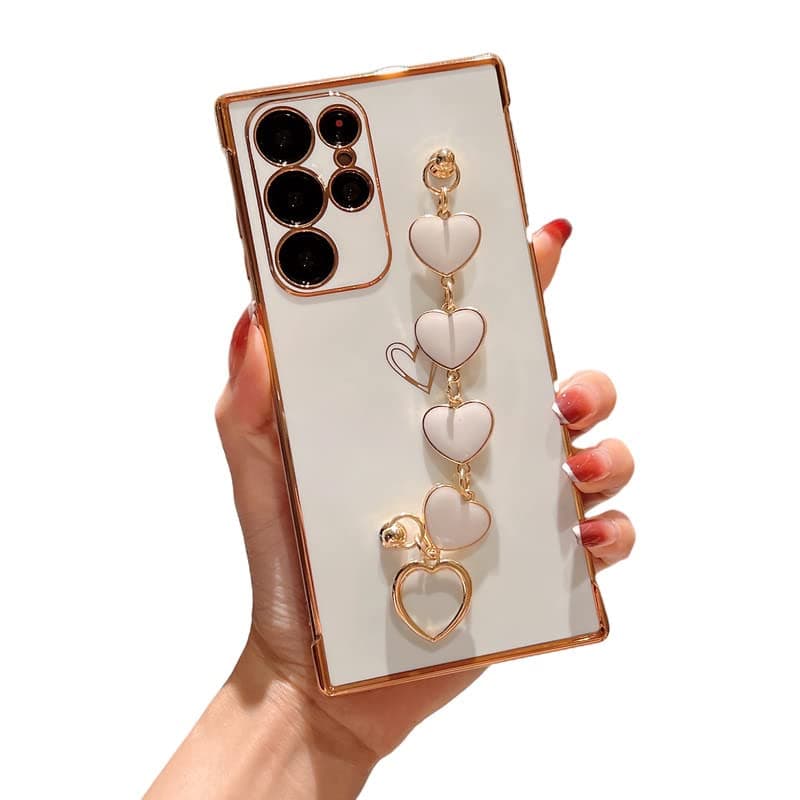Omio for Samsung Galaxy S22 Ultra Case Cute for Women Girls, Luxury Plating Cover with Love-Heart Strap Bracelet Chain Grip Soft Glossy TPU Silicone Case Slim Phone Cover for Galaxy S22 Ultra White