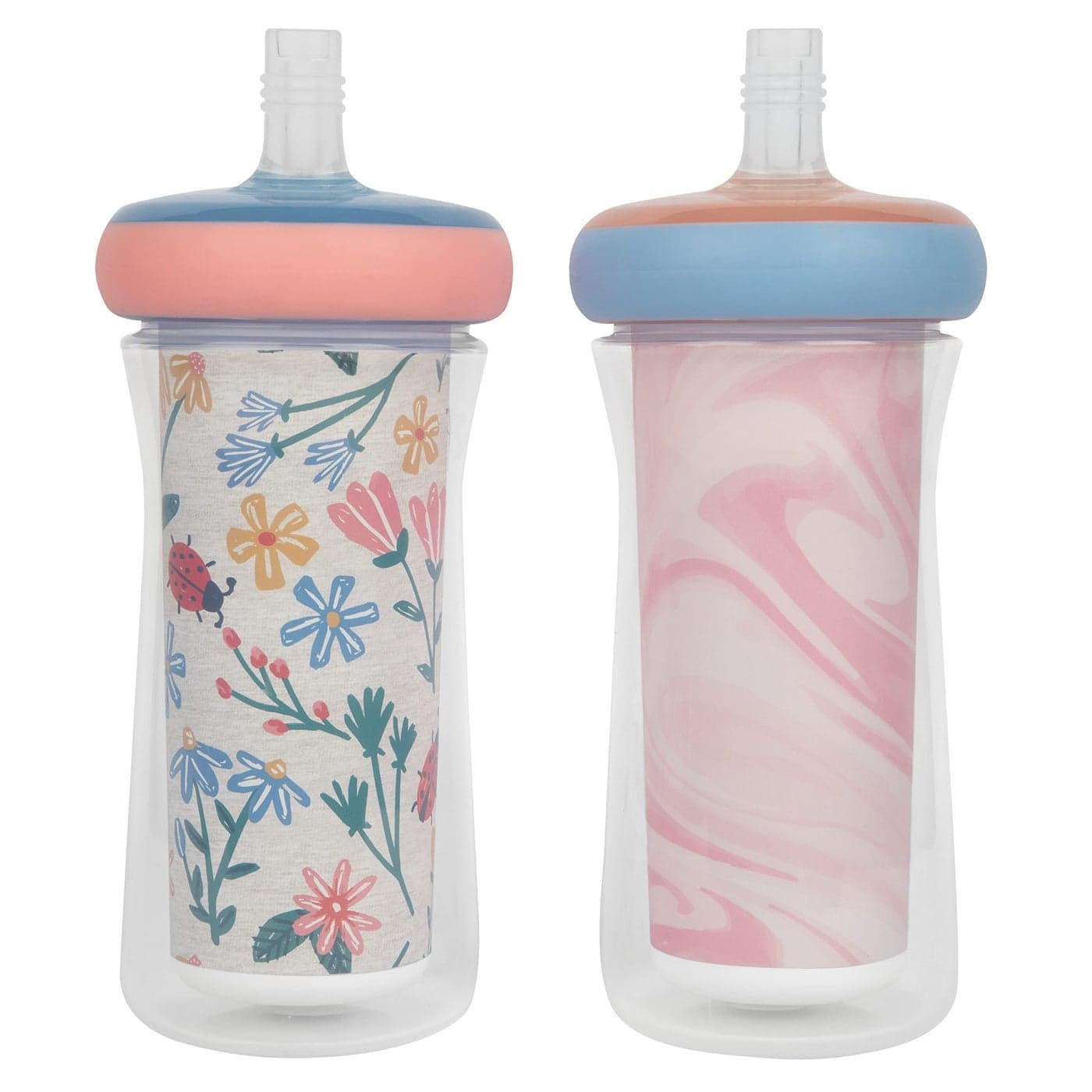 The First Years Insulated Straw Cups for Toddlers 2pk Ladybug Marbled Pink Blue