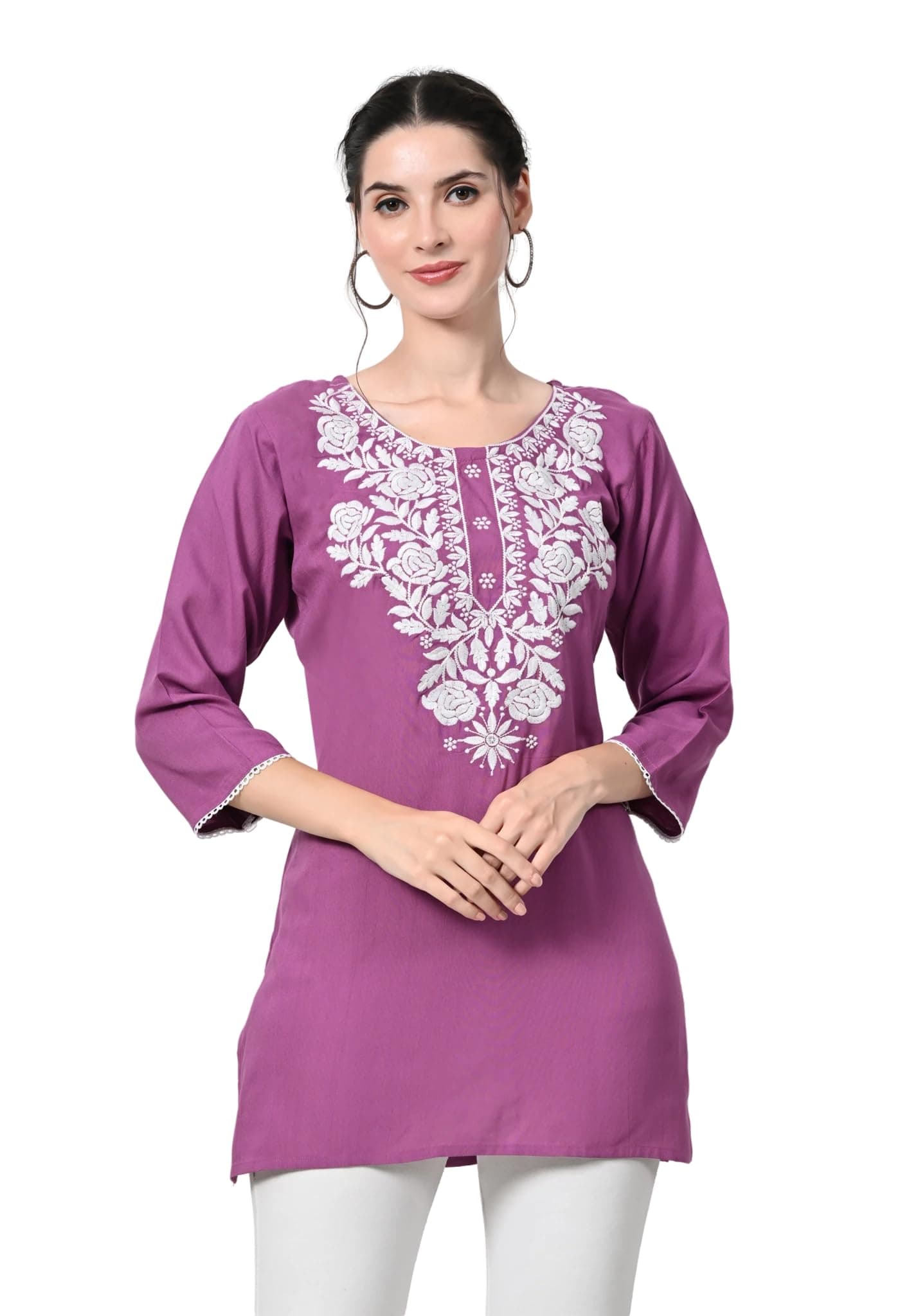 LIBOZA Kurti for Women - Short Chikankari Kurtis for Girls, Lakhnawi Tunic Top Kurta Design for Ladies, Woman Ethnic Kurthis & Shirt with Sleeve (Medium, Lavender)