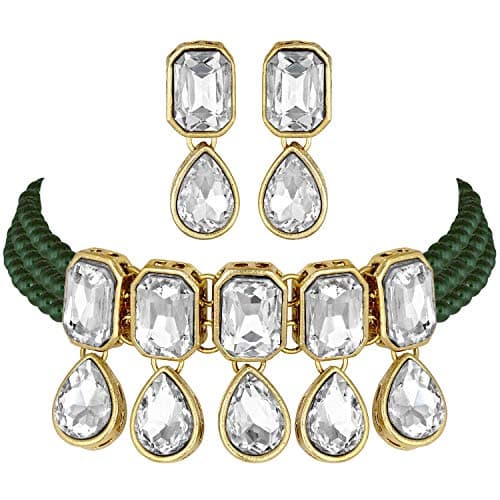 I Jewels 18K Gold Plated Traditional Handcrafted Crystal Stone Studded Pearl Choker Necklace Jewellery Set with Earrings For Women/Girls (ML249G)