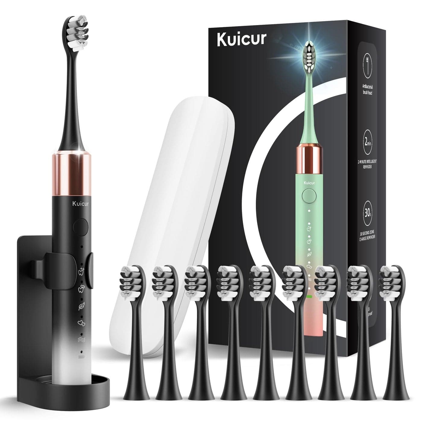 Kuicur Electric Toothbrush for Adults and Kids Comes with 10 Brush Heads Travel Case 5 Modes with 2 Minutes Built in Smart Timer One Charge for 90 Days 42000 VPM Motor