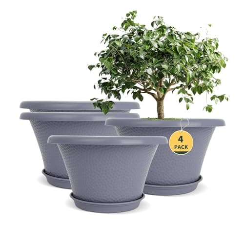 Quarut 12 Inch Large Planter Pot for Plants Indoor Outdoor 4 Pack Plastic Flower Pots with Drainage Hole Tray Modern Decorative Garden Pot with Saucer Plant Container for House Grey
