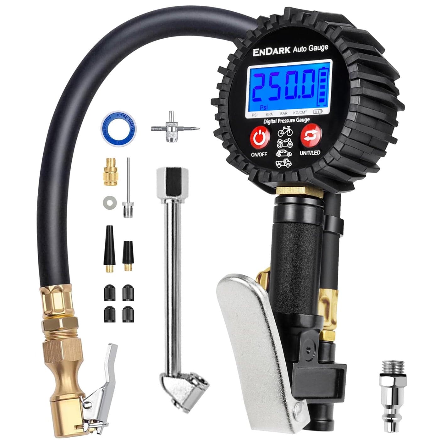 Digital Tire Pressure Gauge with Inflator ENDARK 250 PSI Air Compressor Attachment Inflation Gun with Heavy Duty 360 Air Chuck Extended Hose and Quick Connect Coupler