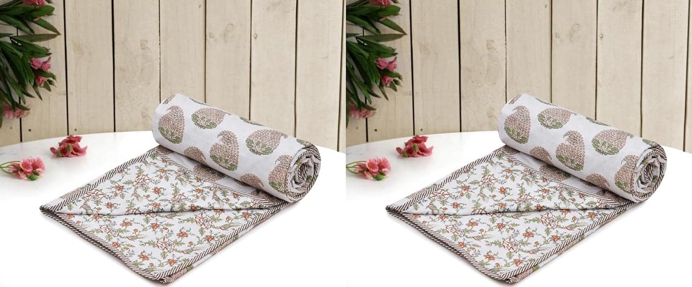 RRC Cotton Reversible Dohar Single Bed Soft Lightweight Bed Blanket AC Dohar Blanket for SummersWinter 57X87Inches Pack of 2 Flannel Dohar Throws for Bed BrownWhite