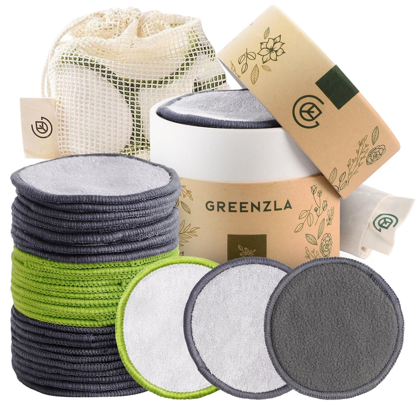 Greenzla Reusable Makeup Remover Pads Washable Bamboo Cotton Rounds with Mesh Laundry Bag Travel Pouch Pad Holder Reusable Cotton Rounds for All Skin Types Perfect for Face Care 30 Pack