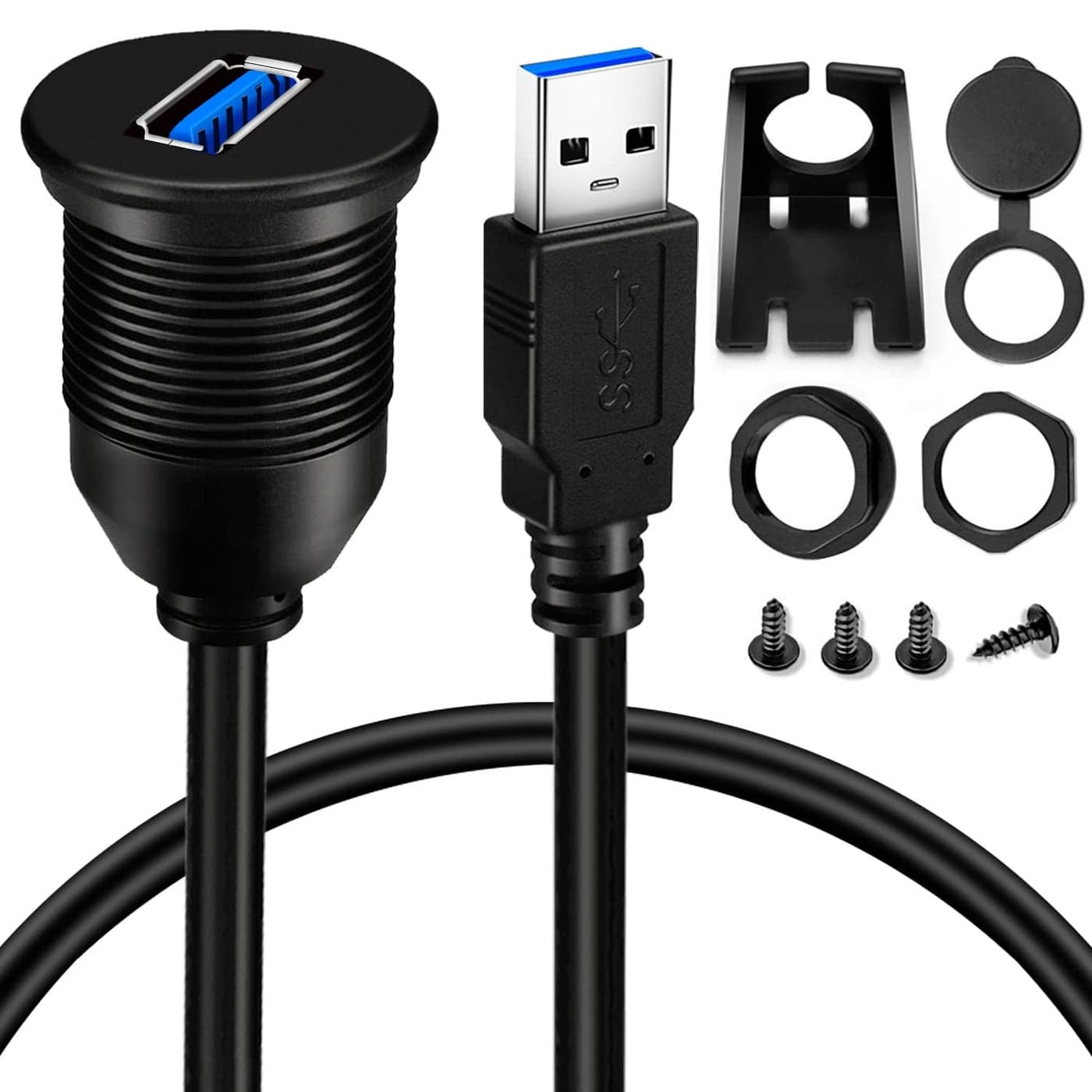 BATIGE Single Port USB 3.0 Male to USB 3.0 Female Car Mount Flush Cable Waterproof for Car Truck Boat Motorcycle Dashboard Panel - 6ft