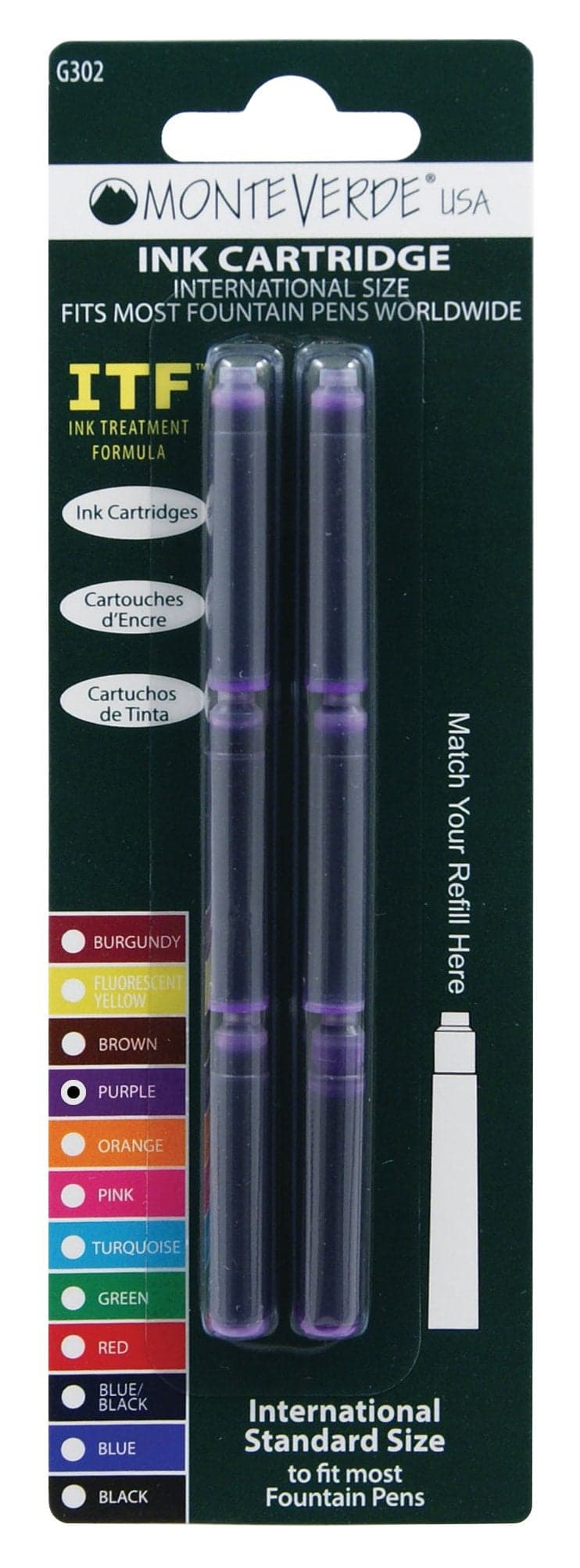 Monteverde International Size Cartridge to Fit Fountain Pens, Purple, 6 per Pack (G302PL)