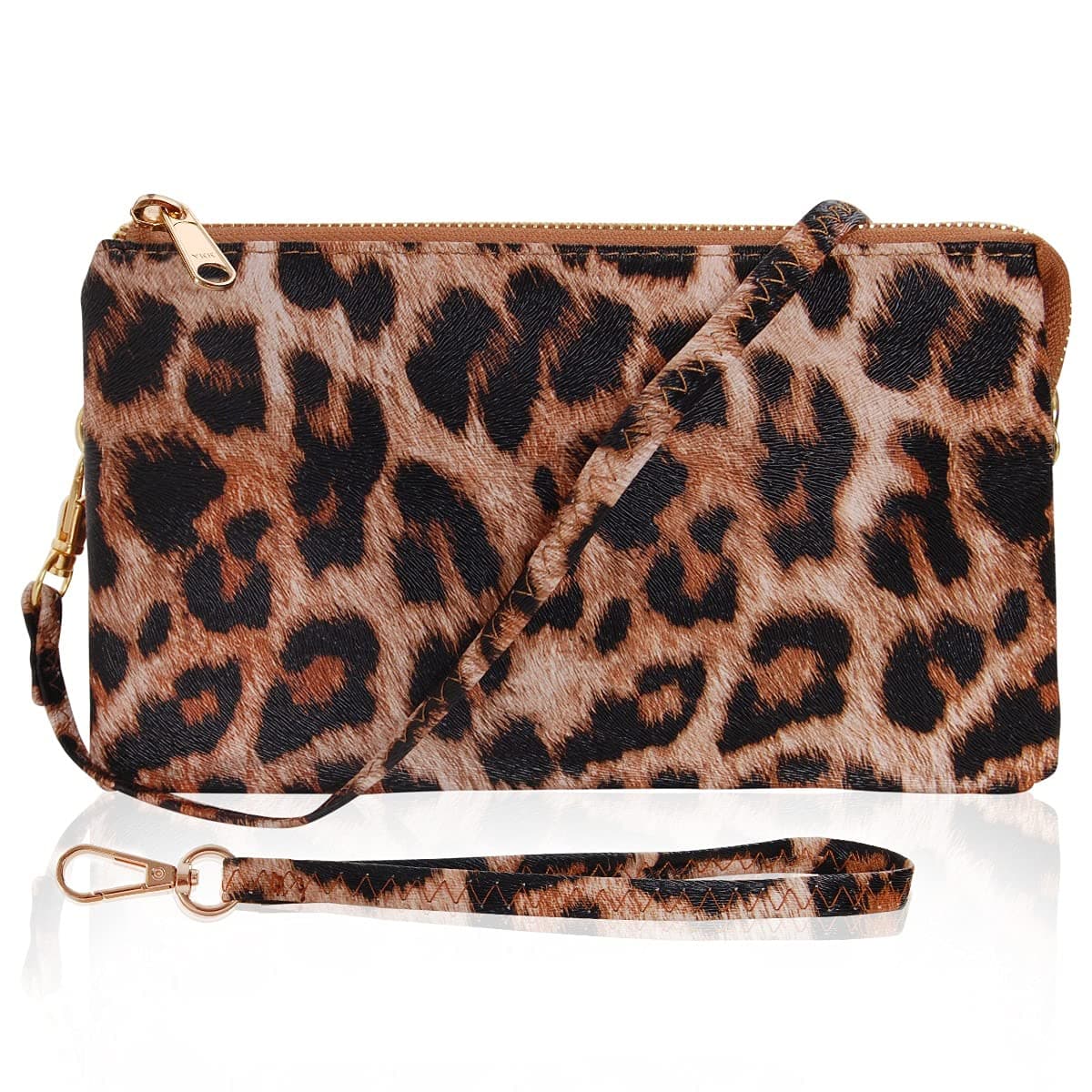 Crossbody Wristlets for Women - Wrist Purse for Women, Clutch with Strap, Vegan Leather Wristlet Clutch Purse, Wallets Small Purses Casual, Wristlet Handbags, Dressy Leopard Wallet, Brown Animal Print
