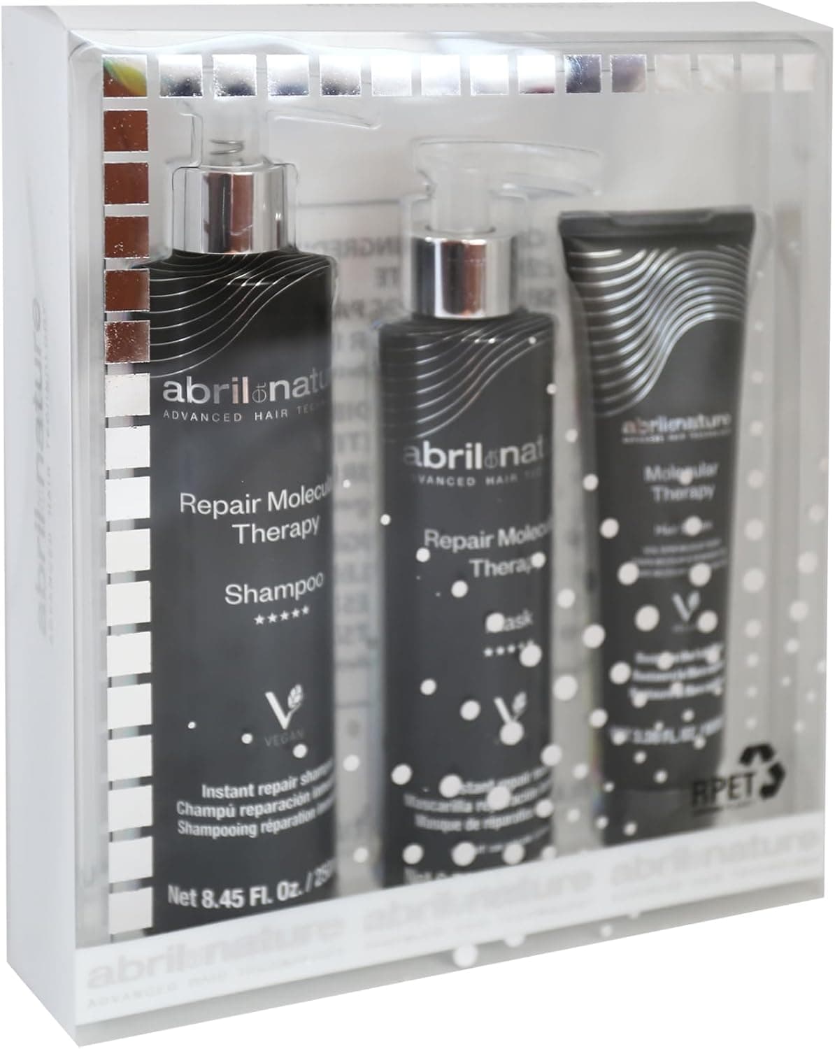 abril et nature Professional Repair Hair Care Set Molecular Therapy Shampoo Mask and Serum Pack for Damaged Overworked or Ageing Hair Restores and Repairs 550 ml