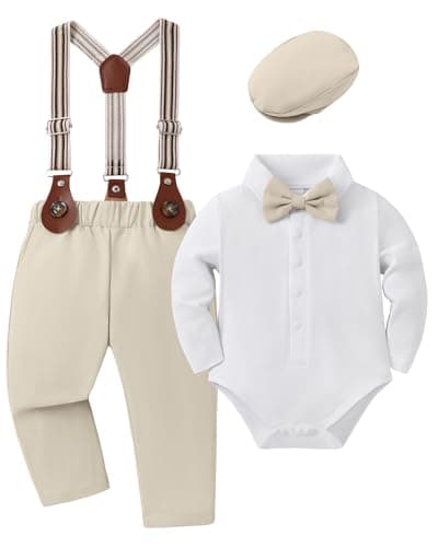 YUEMION Baby Boy Clothes Wedding Outfit Infant Tuxedo Gentleman Suits Dress Shirt Beret Hat Suspender Pants Bowtie Beige 36 Months