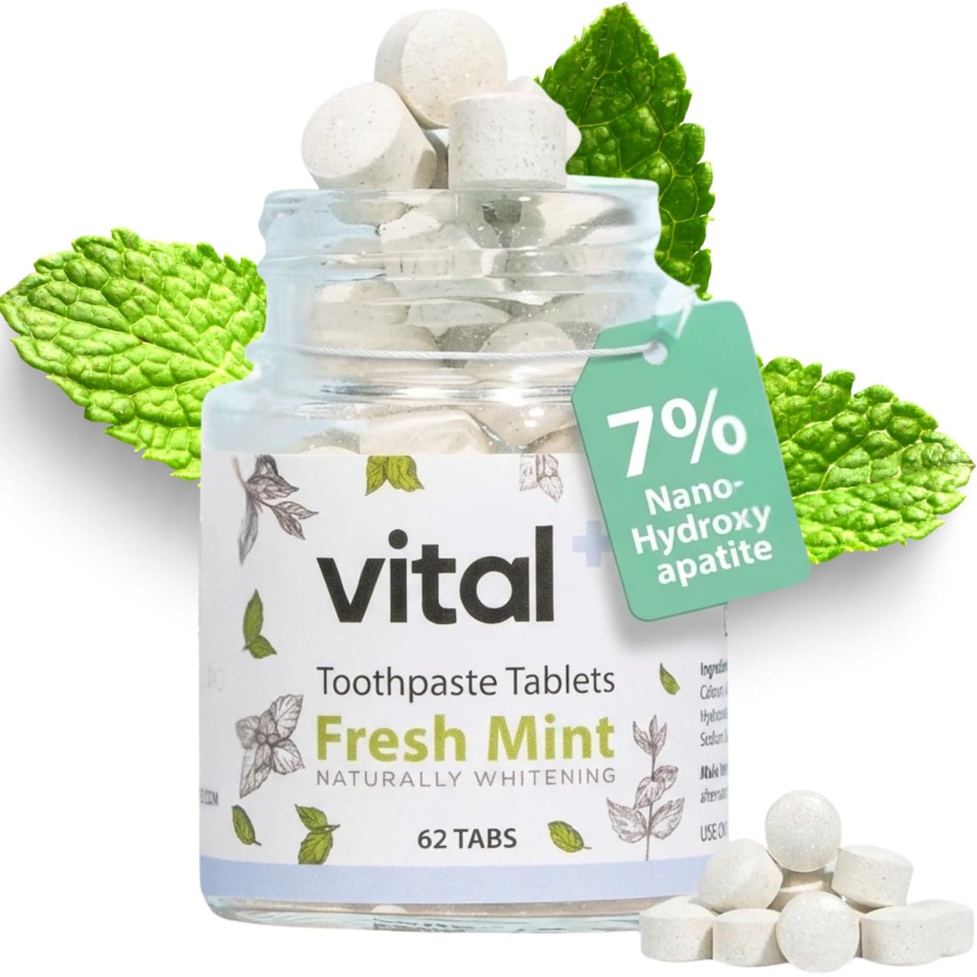 Vital Toothpaste Tabs with 7 NanoHydroxyapatite Naturally Whitens Remineralizes Teeth Fluoride Plastic Free Combats Sensitivity Travel Eco Friendly Fresh Mint 62 Tablets 1 Month