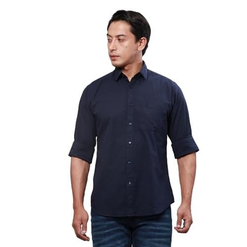 Raymond Men's Slim Fit Pure Cotton Solid Pattern Regular Collar Dark Blue Full Sleeve Casual Shirt