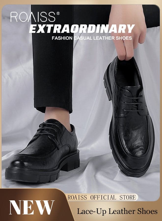 Formal Business Leather Shoes for Men Round Toe Low Top Lace up Front Anti Slip Height Increasing Shoes Mens Burnished Premium Textured Soft Sole Comfort Wedding Groom Shoes Black