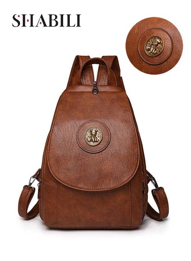 Women PU Backpack Back Bag College School Tourist Daypack with Large-Capacity Multi-Pocket Stitching Organizer Design, Ladies Teen Youth Wear-Resistant Travel Party Satchel Rucksack Carryall (Brown)