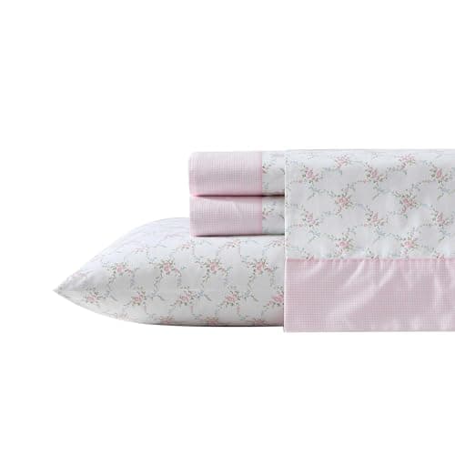 Laura Ashley Queen Size Sheet Set Crisp Lightweight Cotton Percale Bedding with Fitted Sheet and Pillowcases Floral Room Decor Deep Pocket College Dorm Room Essentials Lynda Pink