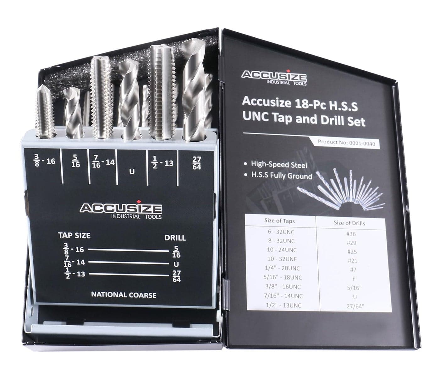Accusize Industrial Tools U.N.C. 18 Pc H.S.S. Tap and Drill Set, 0001-0040