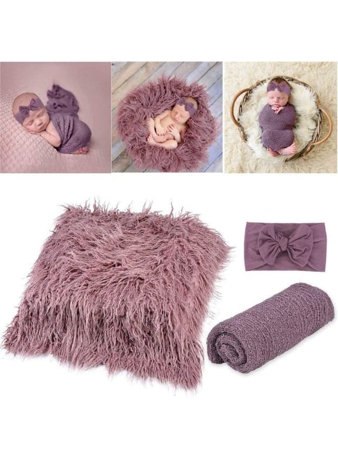 3Pcs Set Newborn Photography Props Baby Girl Boy Toddler Photo Blankets Swaddle Wrap DIY Stretch Knit Wrap Headband Ripple Wrap Photo Prop Clothing Accessories (Purple)