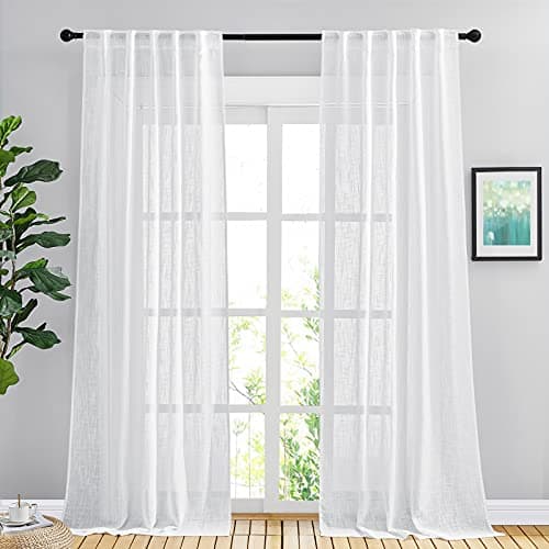 NICETOWN White Semi Sheer Curtains 102 inches Long for Living Room, Rod Pocket & Back Tab Faux Linen Window Treatments Privacy with Light Filtering for Kids Room, W42 x L102, 2 Panels