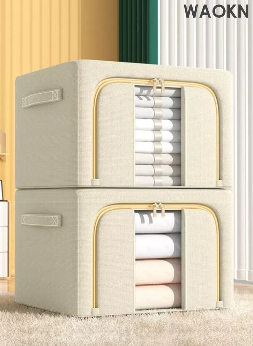 Storage Box 2pcs, Cotton and linen material storage box,Clothes Storage Foldable Clothes Organizers Storage Containers with Reinforced Handle Storage Basket for Clothing, Blanket, Comforters, Bed Sheets, Pillows and Toys .