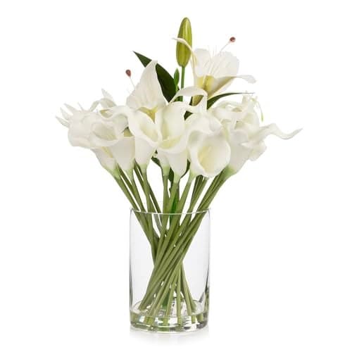 ENOVA FLORAL Real Touch Lilies Artificial Flowers with Vase Faux Flowers Arrangement in Vase with Faux Water for Dining Table Decor Wedding Centerpieces White02