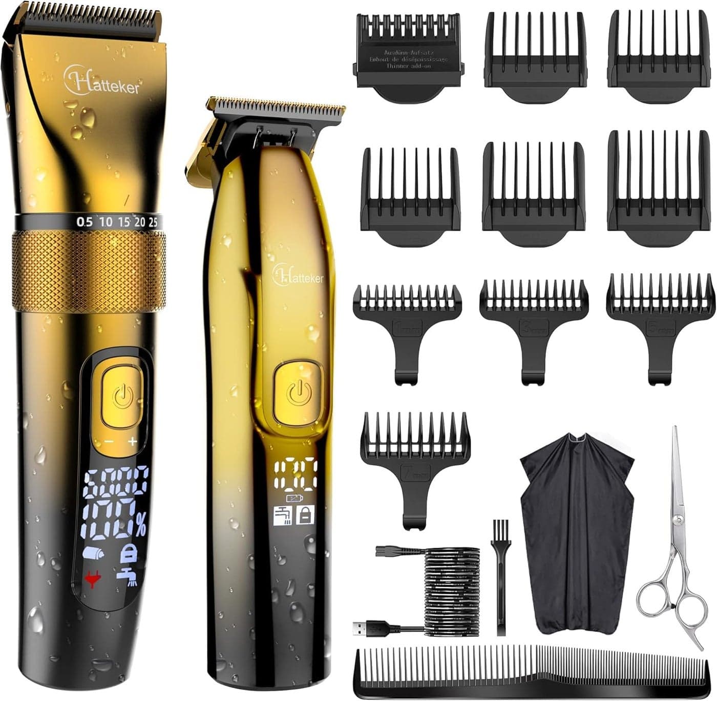 Hatteker Professional Hair Clipper for Men and T Shape Blade Trimmer Kit Cordless Hair Cutting Kit Beauty Kit ipx7 Waterproof Gold