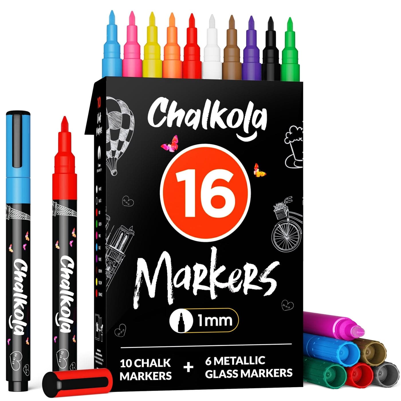 Chalkola Extra Fine Tip Chalk Markers for Blackboard Glass Pack of 16 1mm Point Window Marker Liquid Chalk Pens for Acrylic Dry Erase Board Mirror Car Thin Chalkboard Markers Erasable