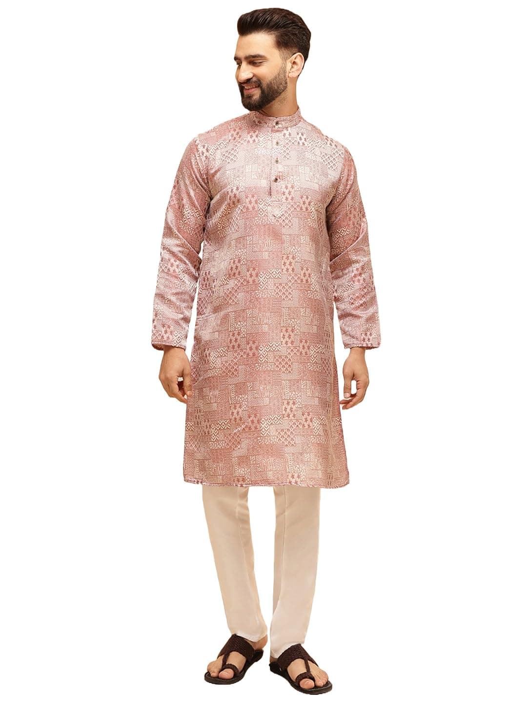 SOJANYA (Since 1958 Men's Jacquard Silk Red Kurta with White Pyjama