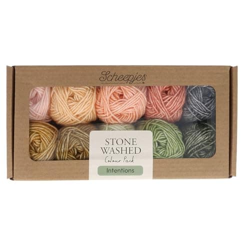 Scheepjes Stone Washed Color Pack, 10 x 0.88 oz (25 g) - Intentions, Cotton/Acrylic, Assorted Orange Green Red