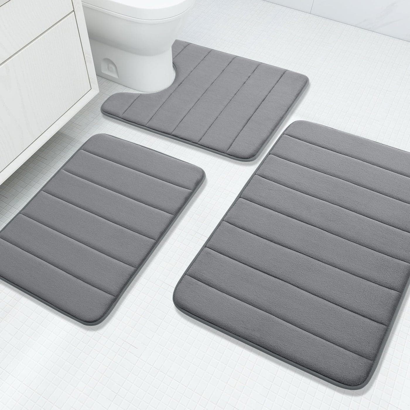 Buganda Memory Foam 3 Pieces Bathroom Rugs Set Thick Soft Absorbent NonSlip Bath Mats Washable SmallLargeContour Bath Rugs 24 x 16 30 x 20 24 x 20 Grey