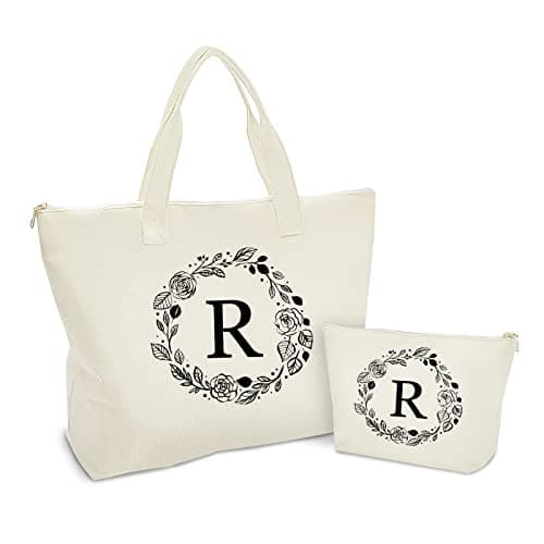 Binggemen Personalized Initial Canvas Tote Bag with Zipper Present Bag with Inner Pocket Make Up Bag Great Gifts for Women Mom Teachers Friends Bridesmaids