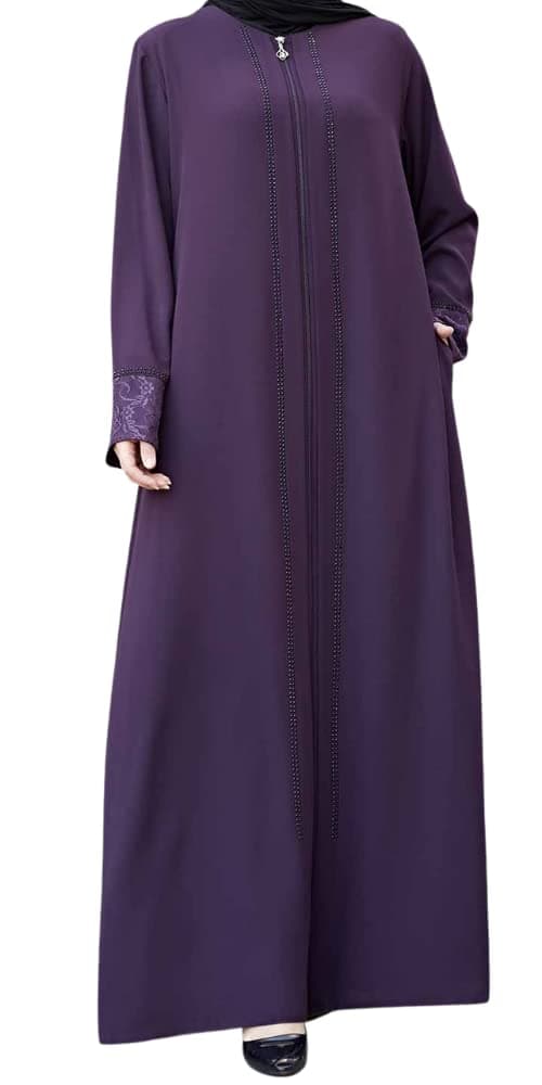 Womens Abaya Lace Applique Long Sleeve Floor Length Zipper Floor Length Turkey Islamic Fashion purple S